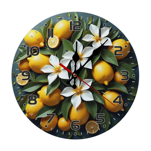 Lemon Flower Wall Clock 10 Inch Silent Non Ticking Round Clock Decoration for Living Room Kitchen Bedroom Bathroom Office Classroom