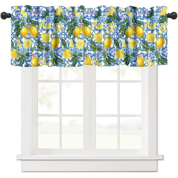 Lemon Flower Window Valance Curtains, Italian Navy Blue Tile Burlap Watercolor Lemon Floral Summer Fruit Valances for Farmhouse Kitchen Dinning Room Café Décor 54x18inch