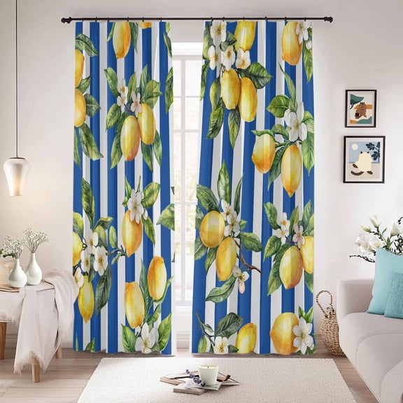 Lemon Flowers Blackout Curtains for Bedroom/Living Room, Pinch Pleated Black Out Curtains, Botanical Leaves Blue Vertical Stripes Room Darkening Window Drapes with Hooks 2 Panels, 59"x70"