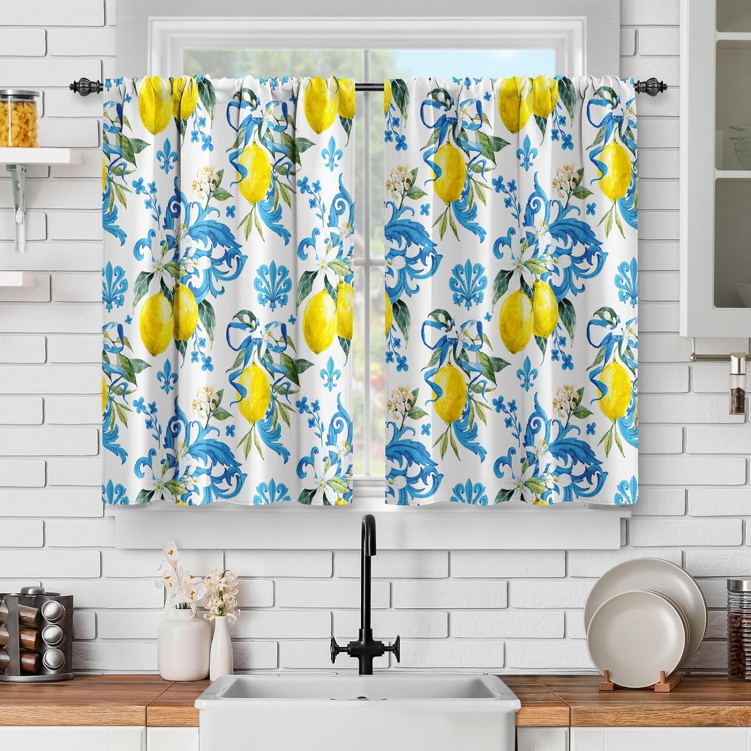 Lemon Flowers Floral Kitchen Curtains - Vintage Fruit Flower Short Curtains Farmhouse Decor for ...