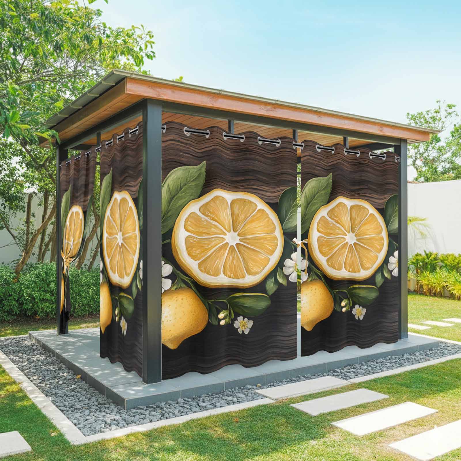 Lemon Flowers Outdoor Curtains for Patio Waterproof, Spring Vintage Wood Grain Grommet Curtains for Porch Outside Privacy Drape for Gazebo Garden Pergola, 1 Panel, 54x108in