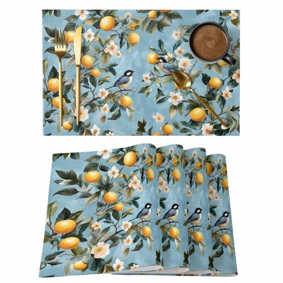 Lemon Flowers Placemats Set of 12 Country Bird Plant Watercolor Blue Summer Place Mats Indoor Wipeable Table Mats Washable Cloth Dining Table Placemats for Kitchen Holiday Party Home Decor 13x19 Inch