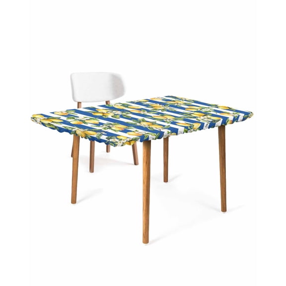 Lemon Flowers Rectangle Tablecloth, Waterproof Elastic Fitted Table Covers for 4 Foot Tables, 24x50inch Decorative Tablecloths for Picnic, Camping, Outdoor, Botanical Leaves Blue Vertical Stripes