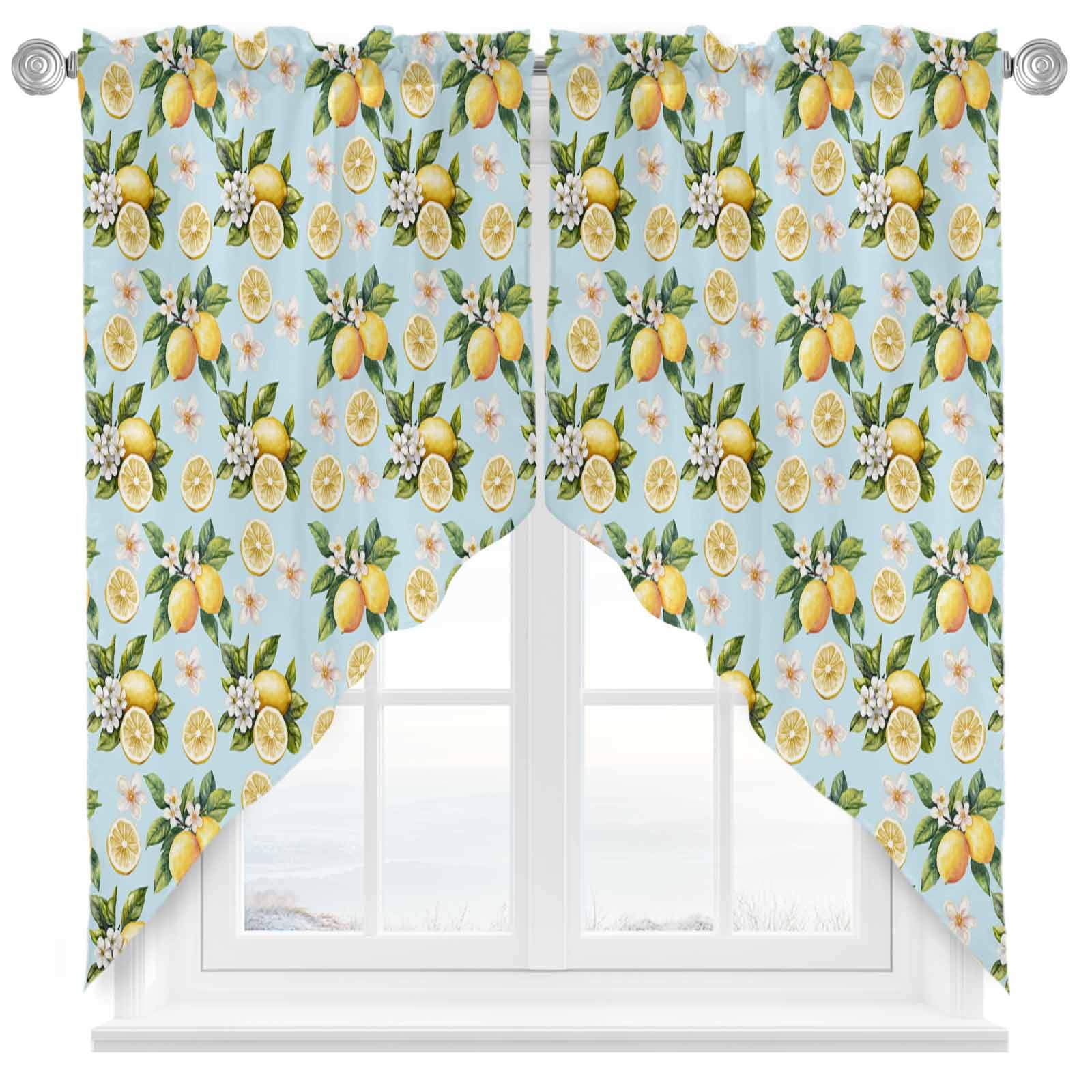 Lemon Flowers Swag Kitchen Curtain Valances, Vintage White Yellow Lemon ...