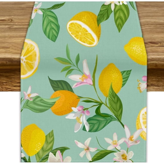 Lemon Flowers Table Runner, Spring Summer Leaves Exotic Branch Fresh Fruits Plant Print Table Cover for Farmhouse Kitchen Table Party Decor, 13x36in