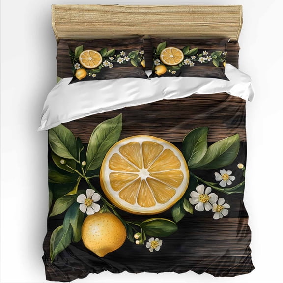 Lemon Flowers Twin Size Comforter Set, Spring Vintage Wood Grain Soft Bedding for All Seasons, 4 Pcs Bed Set with 1 Comforter (68"x86") ,1Sheet(66"x116"), 2 Pillowcases (19"x29")