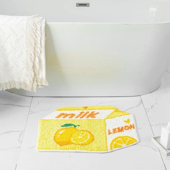 Fruit Lemon Bath Mat for Bathroom Cute Yellow Bathroom Mats Non Slip Fruit Bath Mat Milk Cartoon Plush Shower Rug Absorbent Decor Bathtub Mat Washable 21.6x27.5in