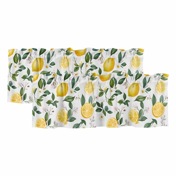 Lemon Fruit Curtain Valances for Windows, Kitchen Valance Window Treatments Panel 2 Pack, Spring Pastoral Flowers Petal Country Rod Pocket Short Curtains for Bathroom Bedroom 42 x 12 Inch