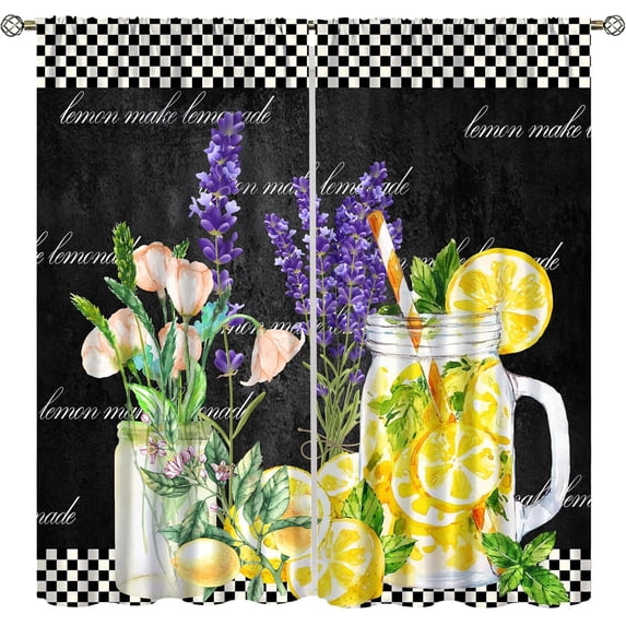 Lemon Fruit Kitchen Blackout Curtains, Vintage Farmhouse Rustic Lemon Lavender Floral Black White Buffalo Checks Print Rod Pocket Window Treatments Drapes for Bedroom Bathroom 42x63in