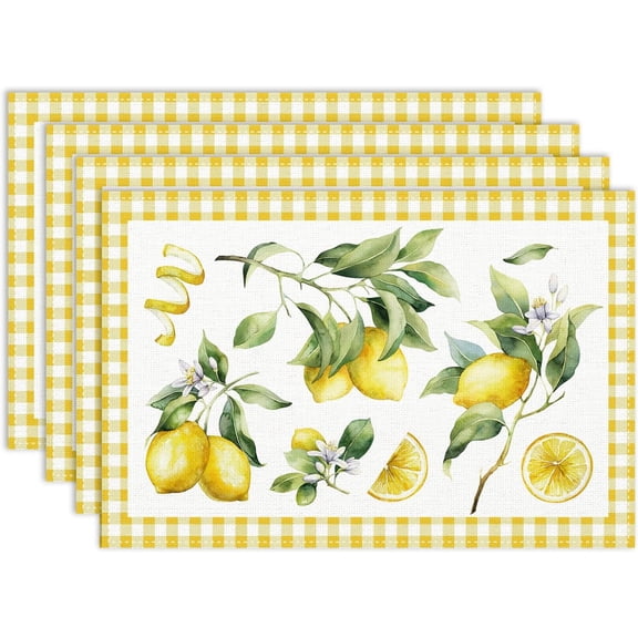 Lemon Fruit Placemat Set of 4, 12x18 Inch Rustic Summer Yellow Plaid Buffalo Lemon Floral Seasonal Spring Farmhouse Coffee Table Mats for Outdoor Kitchen Dining Table Decoration