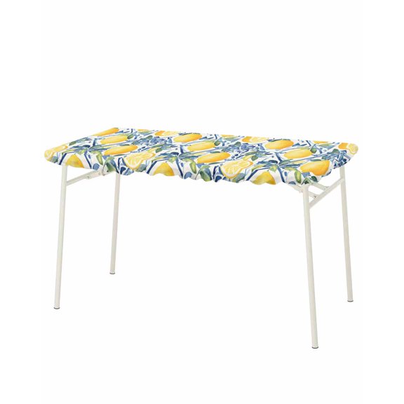 Lemon Fruit Rectangle Tablecloth, Waterproof Elastic Fitted Table Covers for 8 Foot Tables, 32x96inch Decorative Tablecloths for Picnic, Camping, Indoor, Outdoor, Spring Plants Abstract Blue Leaves