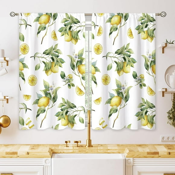 Lemon Fruit Small Kitchen Curtains Green Yellow Leaf Summer Window Treatment Tropical Cafe Short Window Curtains for Bathroom Dining Laundry Room Floral Flower Treatment Drapes 27.5x39 inch