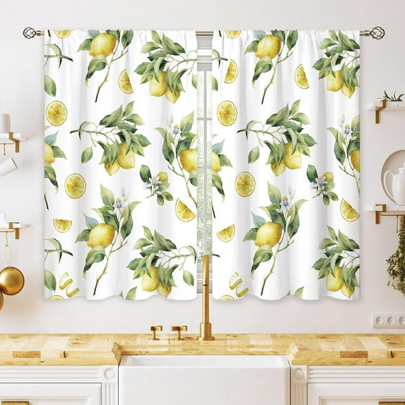 Lemon Fruit Small Kitchen Curtains Green Yellow Leaf Summer Window Treatment Tropical Cafe Short Window Curtains for Bathroom Dining Laundry Room Floral Flower Treatment Drapes 27.5x39 inch
