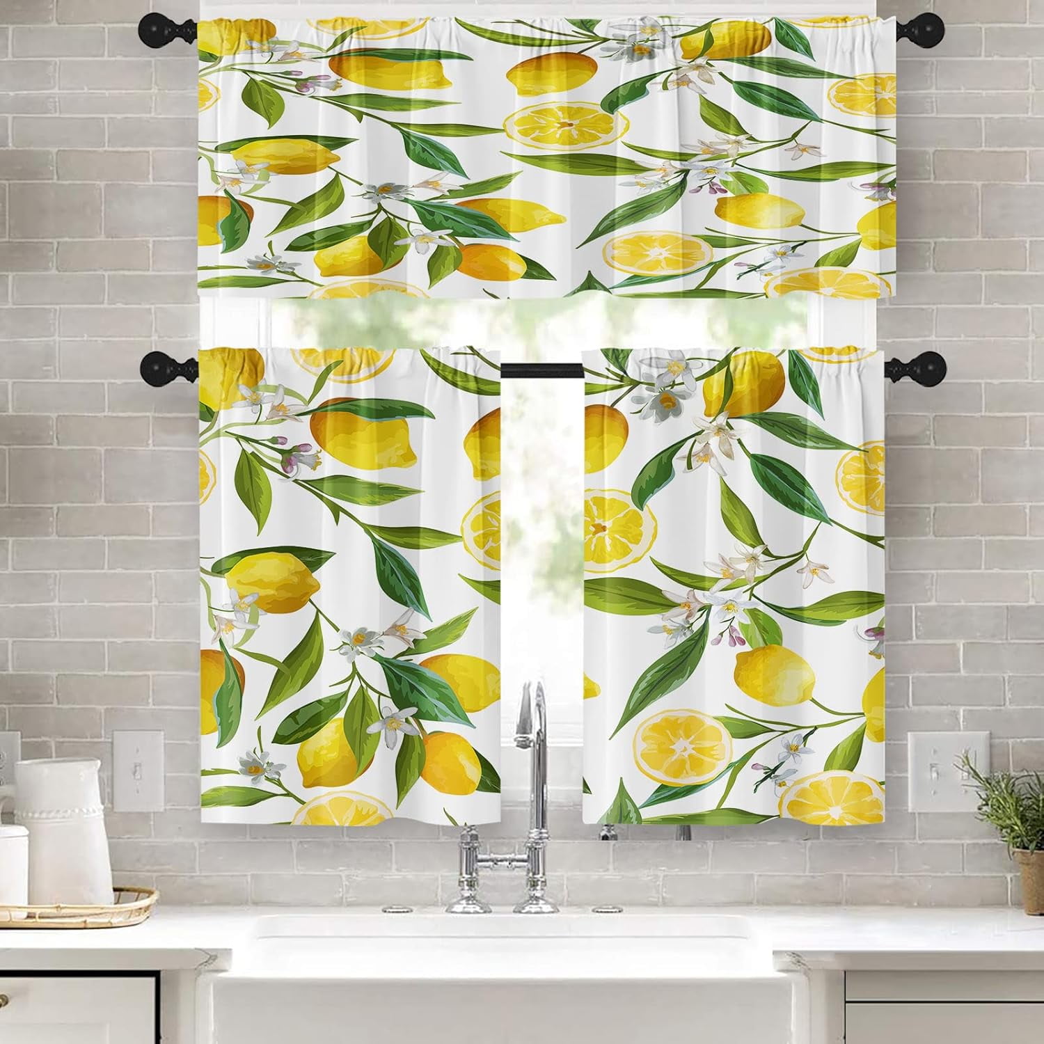 Lemon Fruits Kitchen Curtains Flower Leaves Window Curtains and