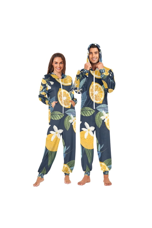 Lemon Fruits Lemon Blooms Adult Onesie Pajamas Slim Fit Christmas One Piece Suit Pjs for Women and Men Hooded Zipper