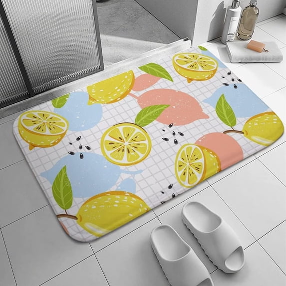 Lemon Fruits Plaid Leaves Seeds Bath Mats Non-Slip Absorbent Soft Plush Doormat Decor Bathroom Rugs for Kitchen Bedroom Floor Mat 30X18 in