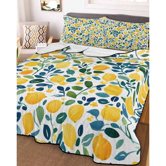 Lemon Full Size Down Alternative Comforter, Lightweight Comforter Quilt Bedding Set with Pillow Shams Orange Yellow Fruit Botanical Green Leaves Summer All Seasons Bed Comforter Duvet Insert 78"x90"