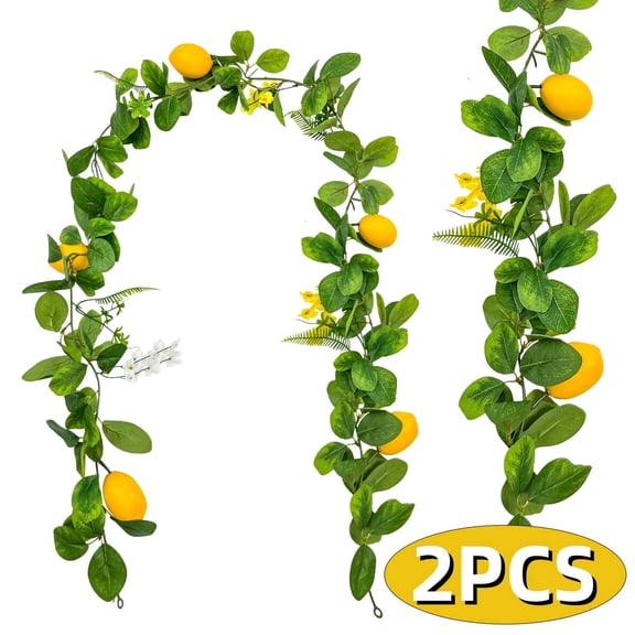 Lemon Decorations Lemon Garland with Greenery Faux Lemon Table Décor Artificia Hanging Lemon Vines for Summer Rustic Farmhouse for Home Kitchen 2-Pack