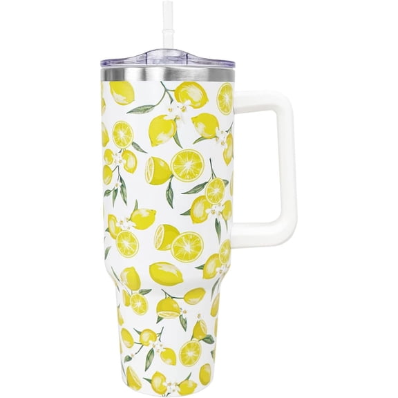 Lemon Gifts Cup, Yellow Lemon Tumbler with Straw Coffee Mug, Lemon Cups water bottle, Double Vacuum Leak Proof Coffee Travel Mug, Lemon Gift Decor, Stainless Steel 40 Oz Tumbler with Handle and Straw