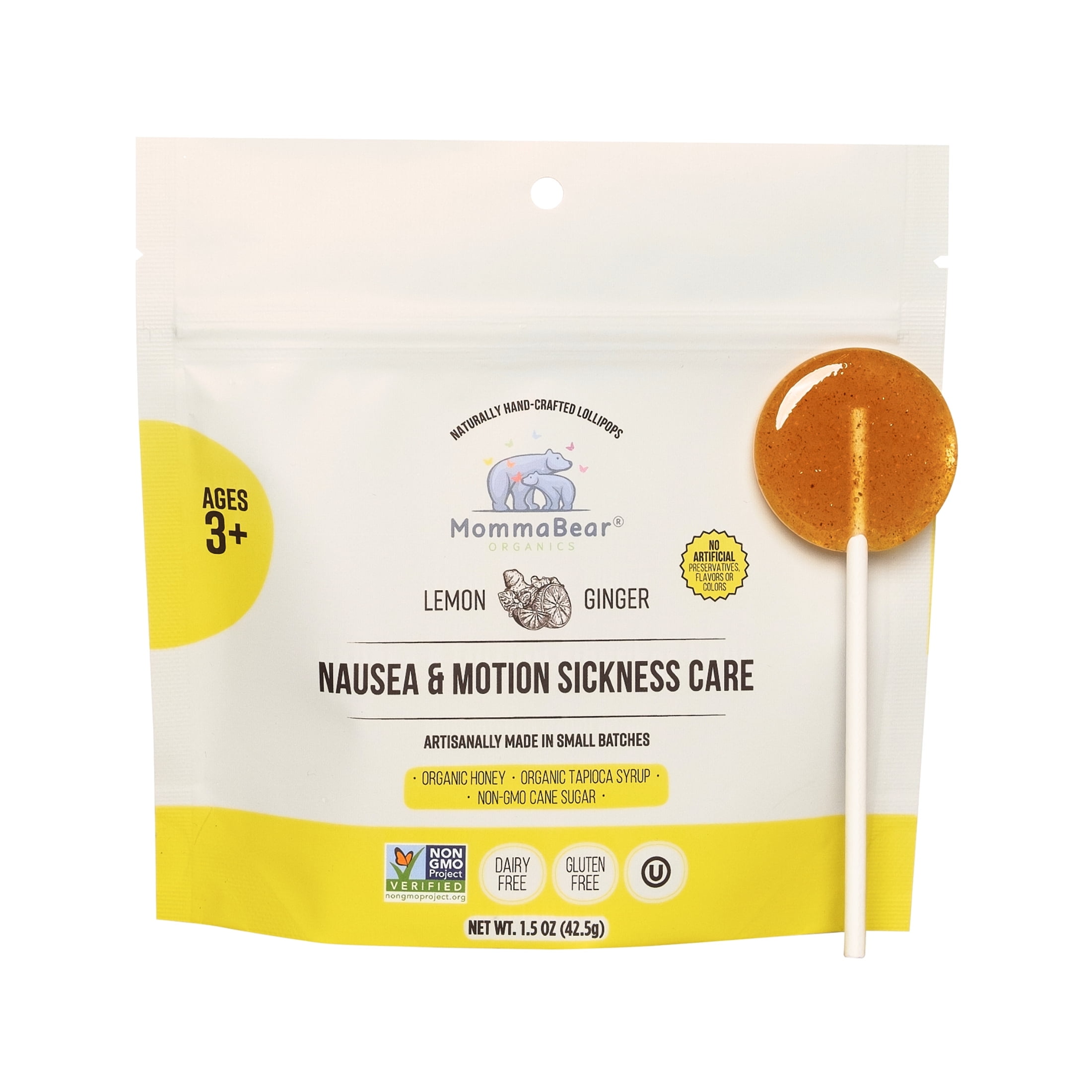 MommaBear Nausea & Motion Sickness Lollipops  Non-GMO Lemon & Ginger Candy for Nausea  Morning Sickness Candy for Adults, Kids 3+ & Pregnancy Must Haves  Tightly Sealed for Freshness, 5 Count