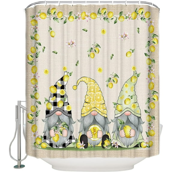 Lemon Gnome Yellow Shower Curtain Black White Buffalo Plaid Fruit Summer Shower Curtains for Bathroom Curtain Sets with Hooks Waterproof Fabric Bath Curtain Small Stall Size 36" x 72"