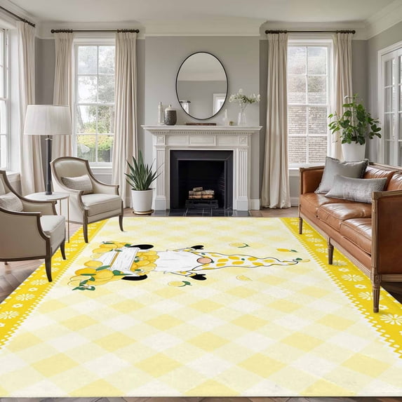 Lemon Gnomes 5'x8' Area Rug for Living Room, Summer Botanical Fruit Leaf Yellow Lattices Washable Non-Slip Rugs for Bedroom Nursery Dining Room, Low-Pile Kitchen Carpet Large Entryway Rugs