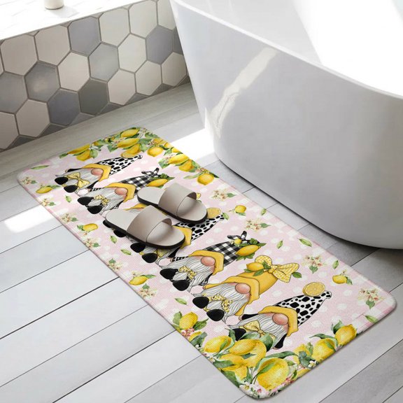 Lemon Gnomes Bathroom Runner Rugs Non Slip Washable Absorbent Narrow Long Bath Mat Summer Fruits Botanical Pink Plaid Runner Rugs for Kitchen Hallway Bedroom Laundry Study Room 31.5"x63"