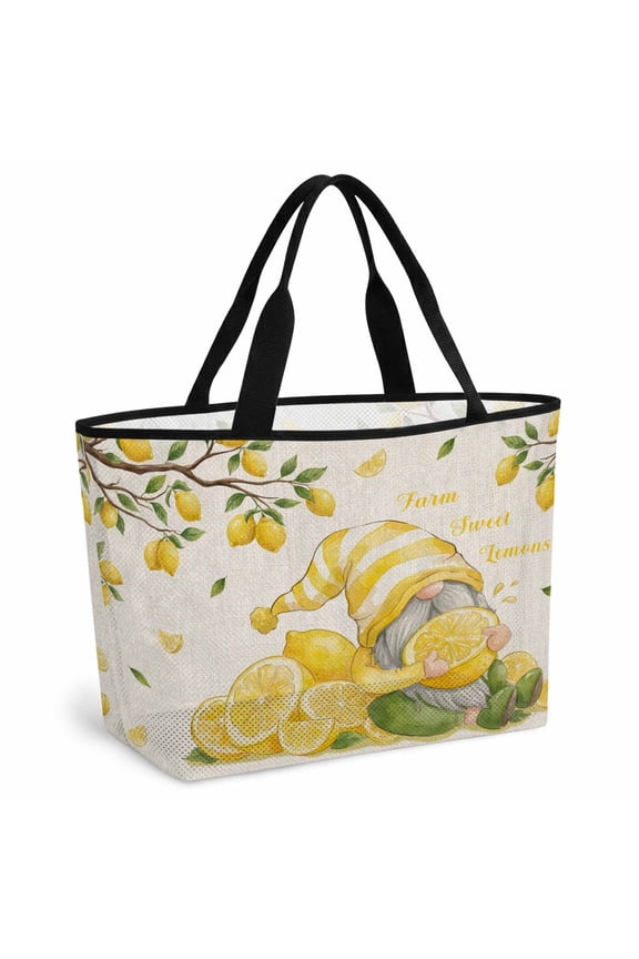 Lemon Gnomes Beach Bag for Women, Large Breathable Mesh Beach Tote Bag, RusticSummer Tropical Fruits Lemon Sandproof Lightweight Travel Bags for Vacation Picnic Swimming Pool 15.7"x15.7"x9.1"
