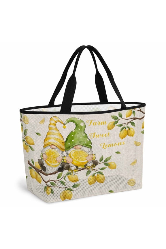 Lemon Gnomes Beach Bag for Women, Large Breathable Mesh Beach Tote Bag, Summer Tropical Fruits Lemon Rustic Sandproof Lightweight Travel Bags for Vacation Picnic Swimming Pool 15.7"x15.7"x9.1"