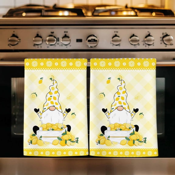 Lemon Gnomes Kitchen Towels Set of 1, Summer Botanical Fruit Leaf Yellow Lattices Absorbent Dish Towels for Kitchen, Microfiber Hand Towel, Quick Drying Tea Towel for Cleaning Decorative Dishcloths