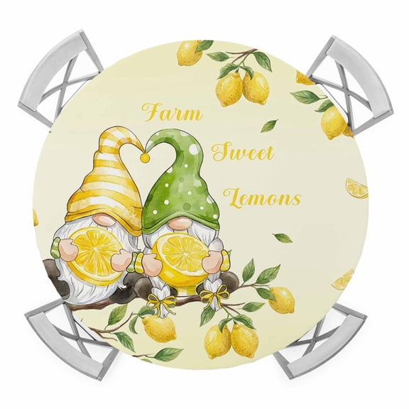 Lemon Gnomes Round Tablecloth for 36-44 Inch Tables, Fitted Table Cover with Elastic Edge, Summer Tropical Fruits Lemon Yellow Waterproof Outdoor Table Cloth Protector for Patio Garden Dinner Picnic