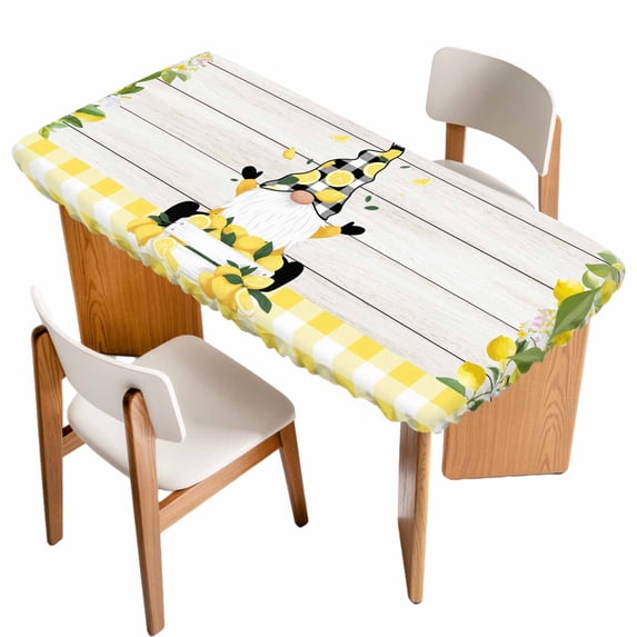 Lemon Gnomes Table Cloths for 3 Foot Rectangle Tables, Summer Botanical Fruit Wooden Grain Plaid Patio Waterproof Elastic Fitted Tablecloths, Washable Rectangular Table Cover for Camping