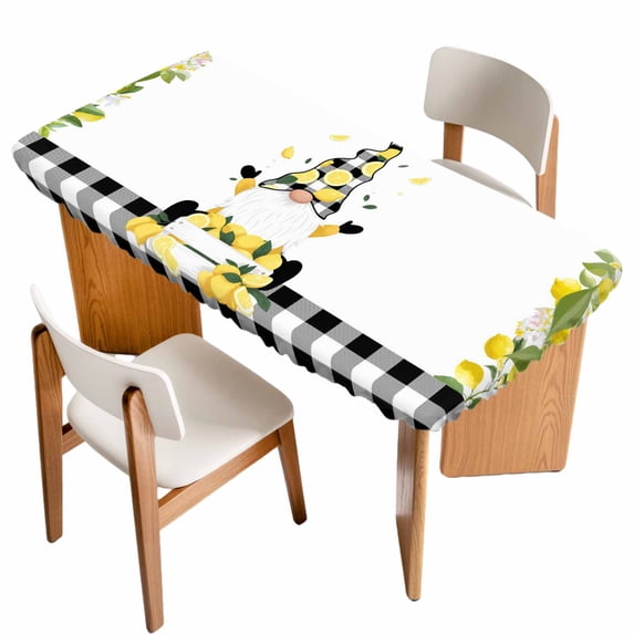 Lemon Gnomes Table Cloths for 5 Foot Rectangle Tables, Summer Botanical Yellow Fruit Black Lattice Patio Waterproof Elastic Fitted Tablecloths, Washable Rectangular Table Cover for Camping