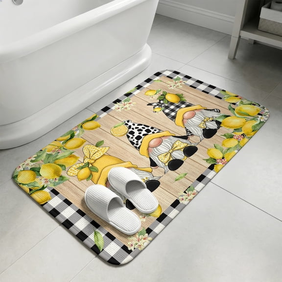 Lemon Gnomes Washable Area Rugs for Living Room Bedroom, Large Non Slip Indoor Floor Carpet Absorbent Black Plaid Summer Fruits Botanical Vintage Door Mat Rugs for Bathroom Entryway 47.2"x63"