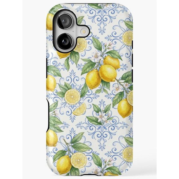 Lemon, Green Leaf and Blue Scroll Tough Case for Apple iPhone, Polycarbonate and TPU