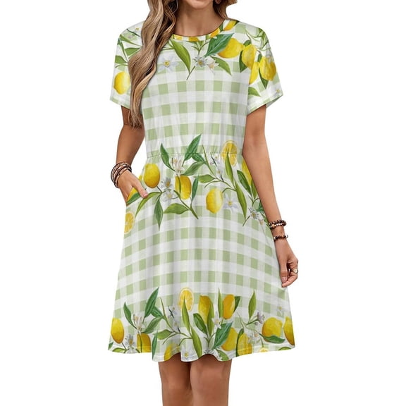 Lemon Green White Plaid Dress Summer Street Style Dresses Female Short Sleeve Printed Sundress