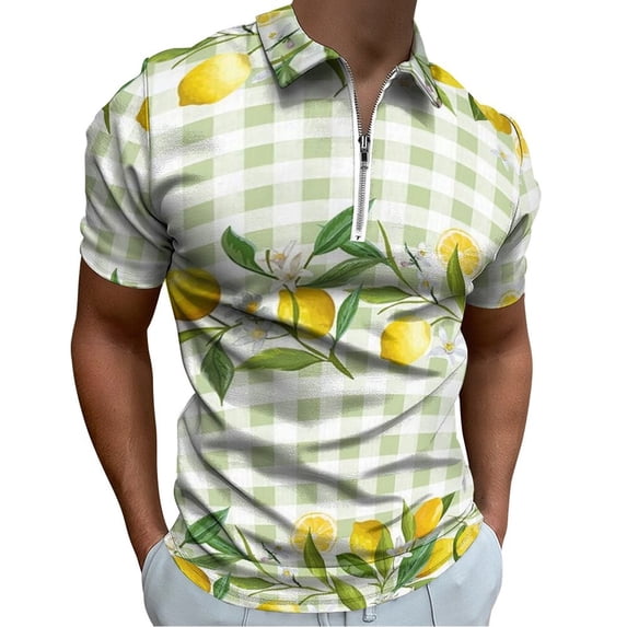 Lemon Green White Plaid Men Zipper T-shirt Summer Casual Short Sleeve T-shirt Top