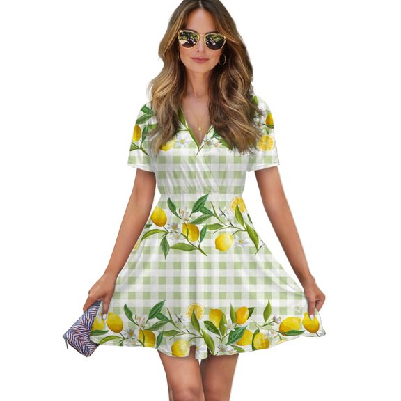 Lemon Green White Plaid Women Dress V-Neck Short Sleeve Flowy Swing Party Midi Dress
