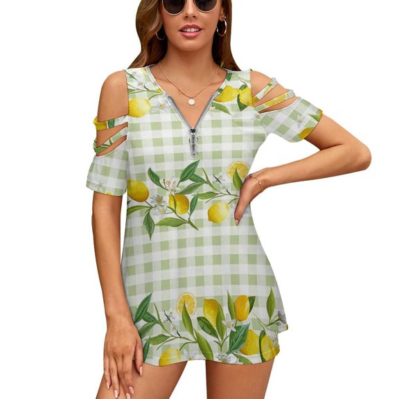 Lemon Green White Plaid Womens Summer V Neck Zipper Top Short Sleeve T Shirt Off Shoulder Top Casual Classy Loose Shirts