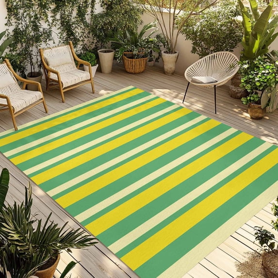 Lemon Green Yellow Outdoor Rug for Patio/Deck/Porch, Non-Slip Large Area Rug 5 x 7 Ft, Summer Modern Farmhouse Striped Indoor Outdoor Rugs Washable Area Rugs, Reversible Camping Rug Carpet Runner
