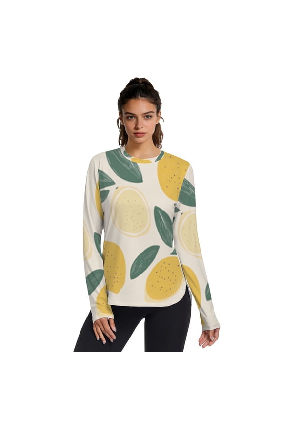 Lemon Hand Drawing Beige Background Women UPF 50+ UV Shirts Long Sleeve with Thumb Holes Workout Sun Shirt Quick Dry Athletic Hiking Tops