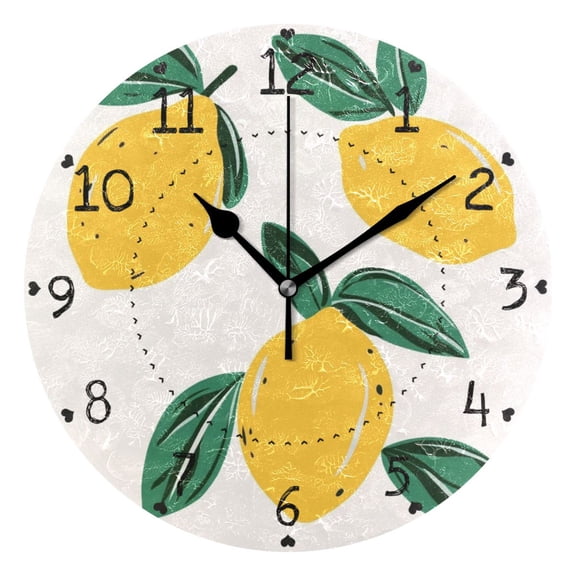 Lemon Hand Drawing White Round Wall Clock Silent Battery Operated Home Decor for Living Room Bedroom