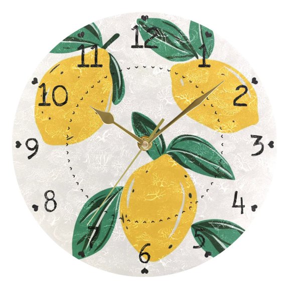 Lemon Hand Drawing White Round Wall Clock Silent Battery Operated Home Decor for Living Room Bedroom