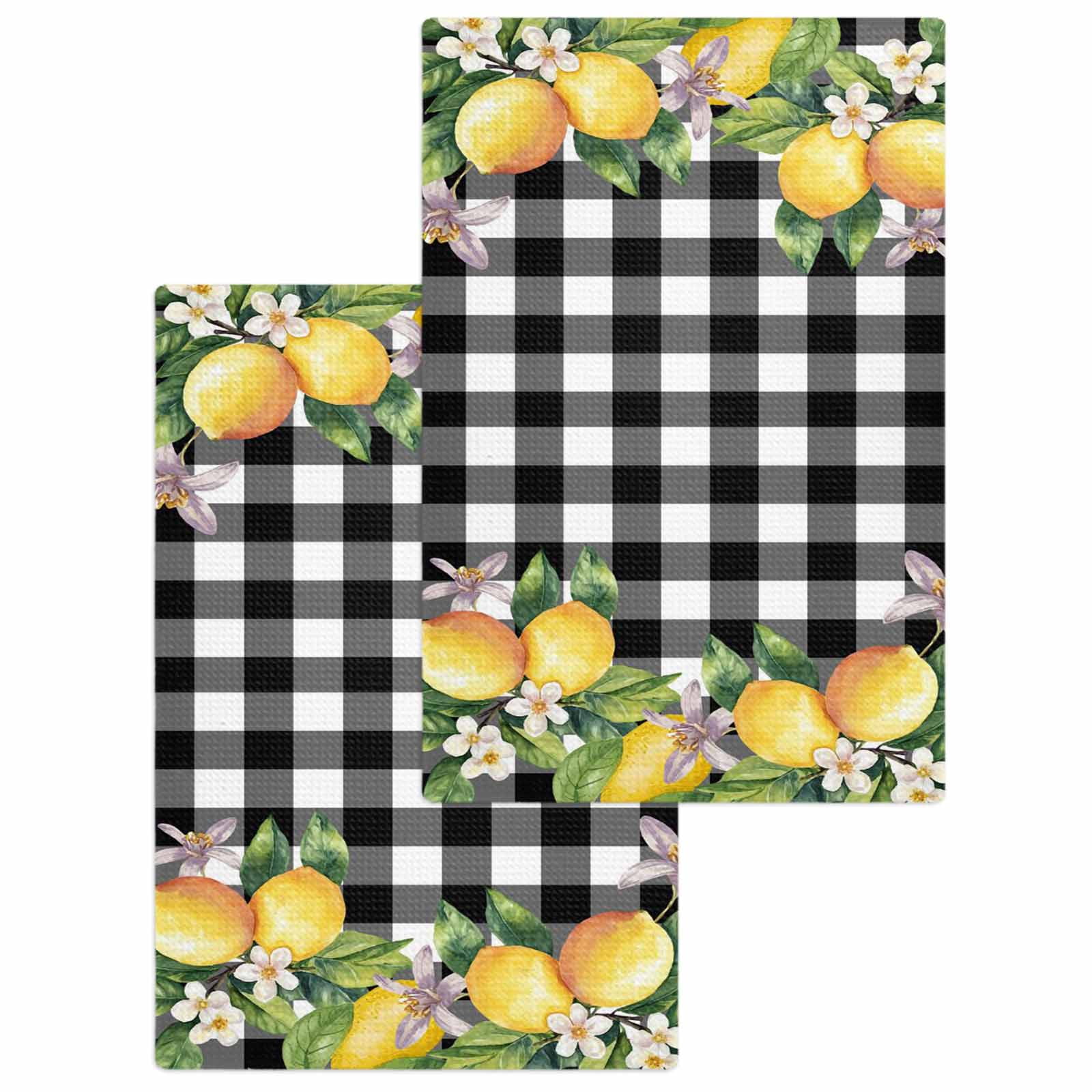 Lemon Hand Towels Set, Waffle Weave Kitchen Towels 2 Pieces, Black Plaid Check Yellow Fruit Flower Floral Microfiber Hair Face Bath Tea Towel Absorbent Quick Drying Cleaning Dish Cloths 15.7"x23.6"