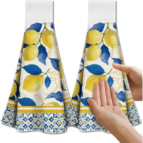 Lemon Hanging Kitchen Towels with Loop Set of 2 - Soft Super Absorbent Microfiber Decorative Hanging Dish Hand Towel Tea Coffee Towel for Kitchen Bathroom Oven Handle