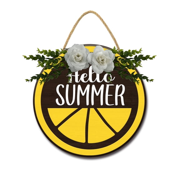 Lemon Hello Summer Door Sign Home Decor Round Wood Wreaths Wall Hanging Sign Farmhouse Porch Sign Front Door Decoration for Housewarming Gift All Seasons Holiday,12In