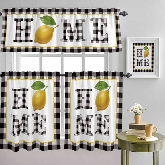 Lemon Home Text Checkered Curtain Tier and Valance Set 3 Piece, Farmhouse Black White Buffalo Plaid 3-inch Rod Pocket Window Tier Curtains Valance for Kitchen Living Room