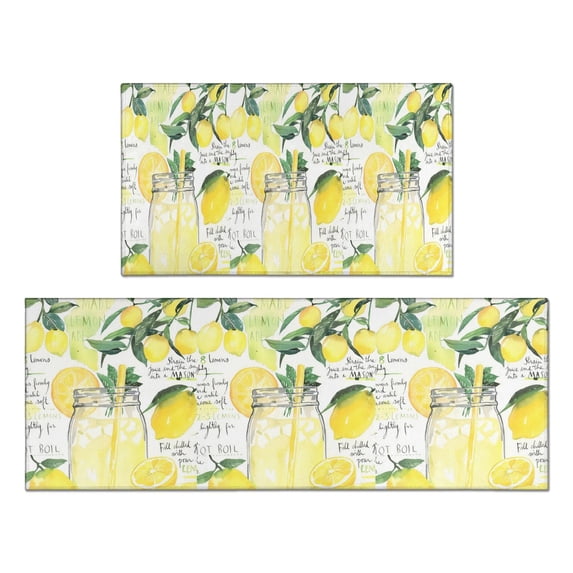 Lemon Juice Rugs and Mats Non Skid Washable Absorbent Microfiber Soft Kitchen Mat for Floor Set Of 2 Decor Stain Resistant 17"x47"+17"x30"
