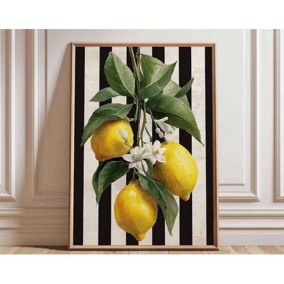 Lemon Kitchen Bold Lemon Black Stripes Wall Art Print, Unframed Paper Poster 16x20in