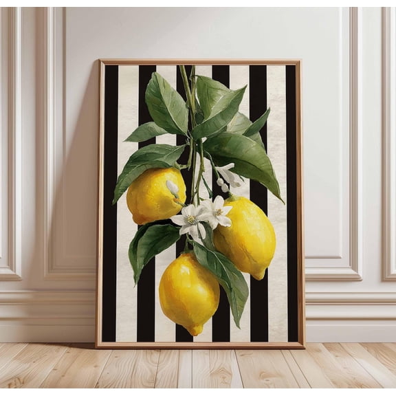Lemon Kitchen Botanical Fruit Bold Lemon Black Stripe Decor Unframed Paper Print